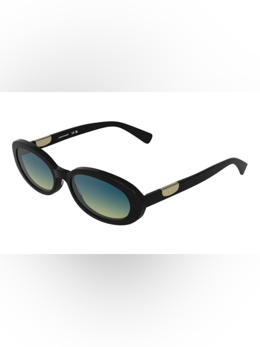Longchamp Black Oval Sunglasses with Blue-Green Gradient Lenses